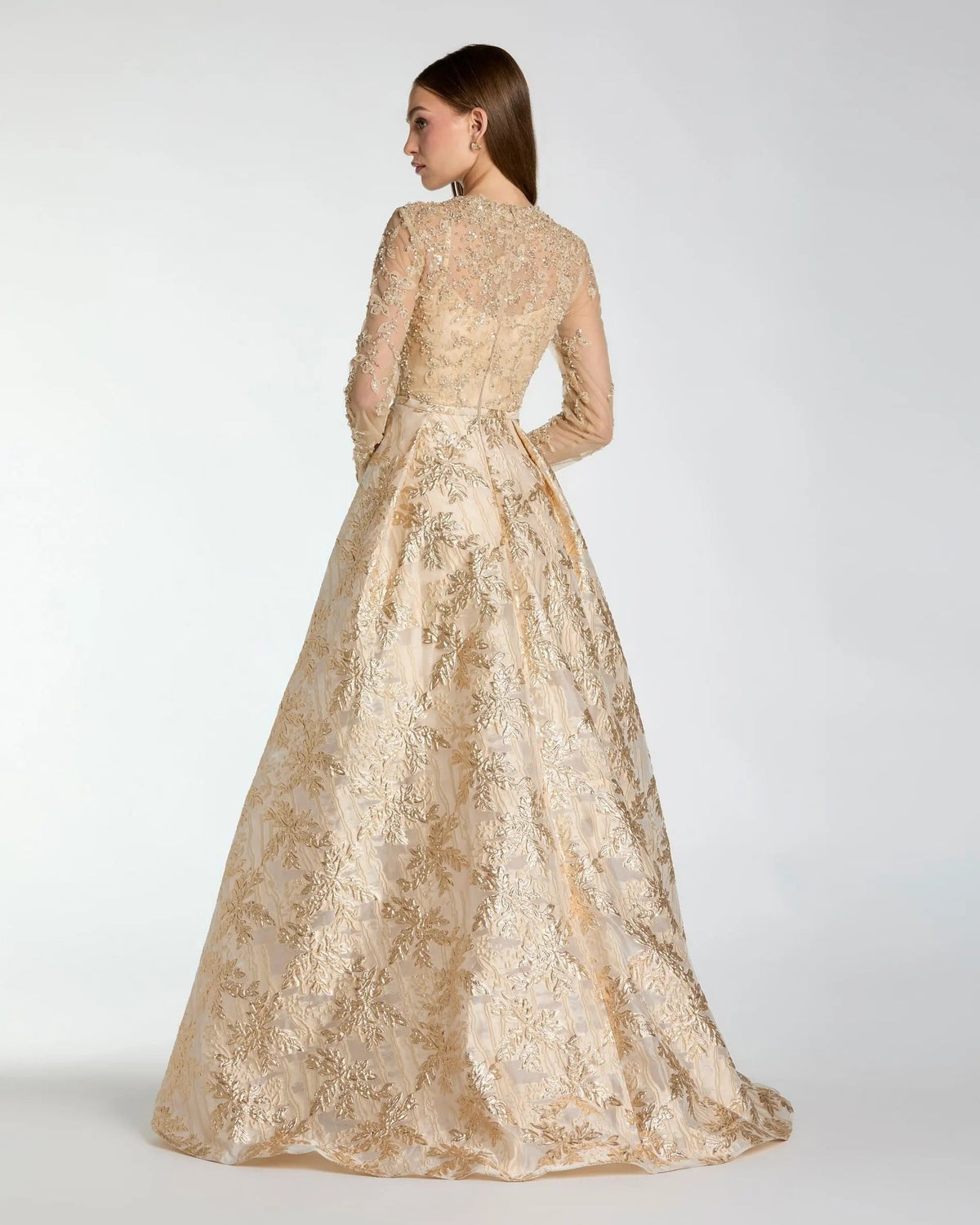 Light Gold Embellished Long Sleeve Brocade Ball Gown