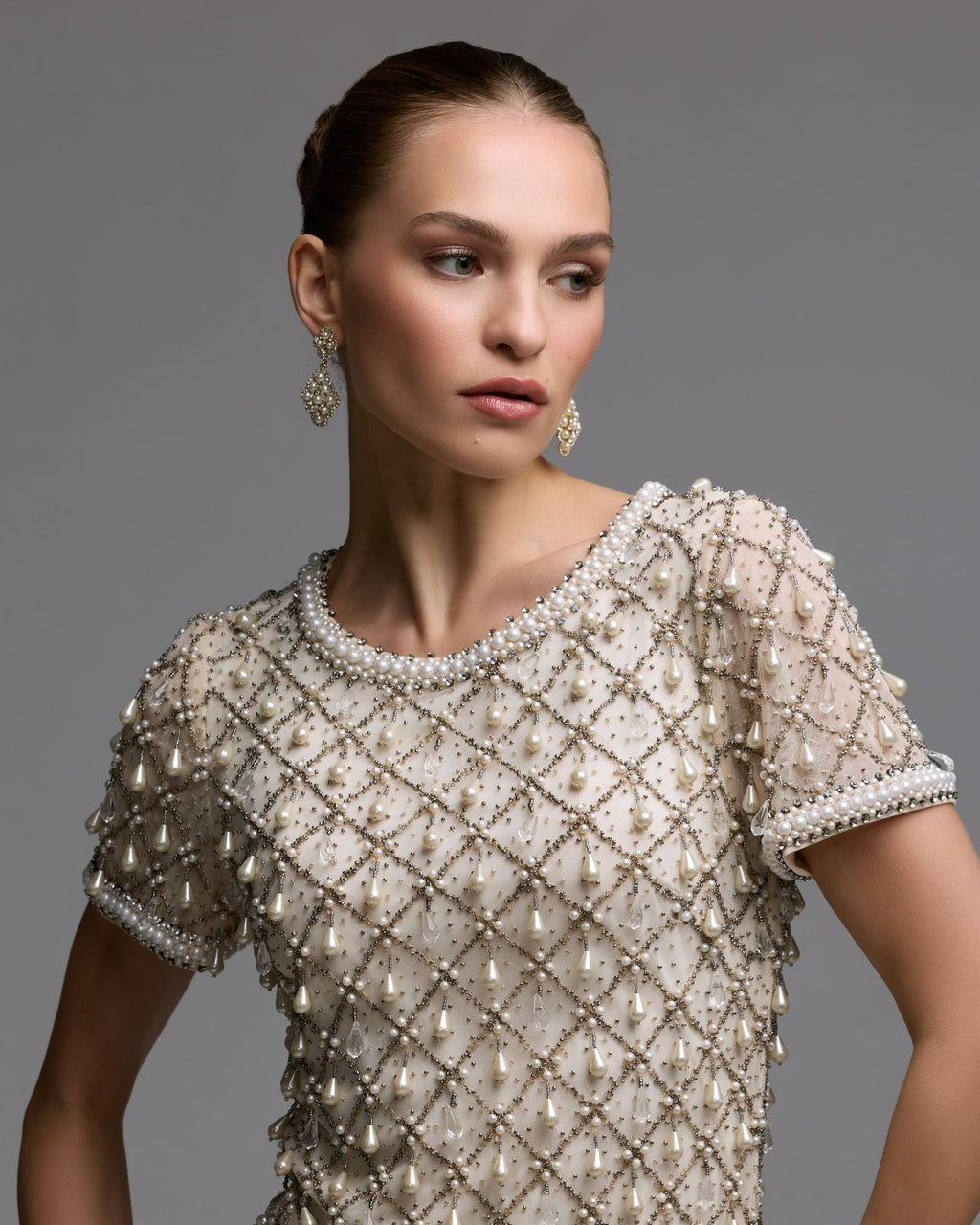 Oyster Short Sleeve Pearl Embellished Mini Dress