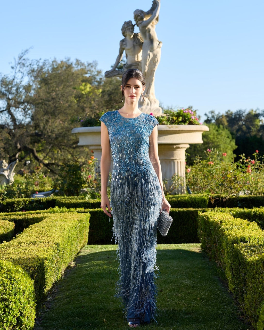 Slate Blue Embellished Cap Sleeve Gown With Fringe Beading