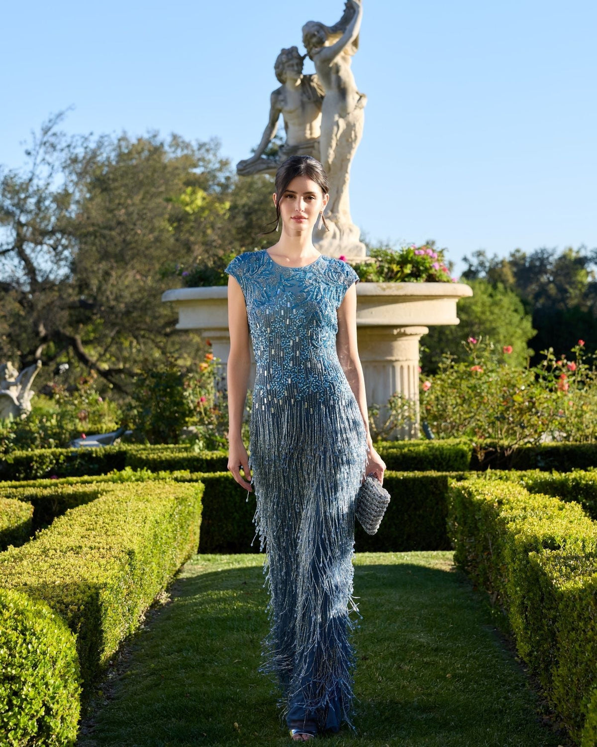 Slate Blue Embellished Cap Sleeve Gown With Fringe Beading