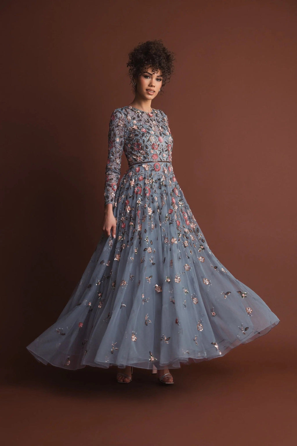 Grey Multi Embellished High Neck Long Sleeve A Line Gown