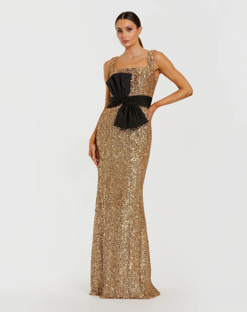 Gold Sequin Square Neck Column Gown With Faille Bow