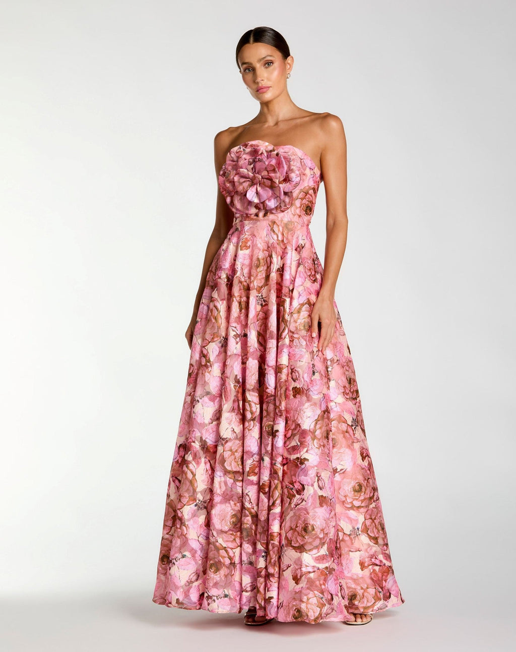 Rose Multi Strapless Floral Printed A-Line Gown With 3D Flower