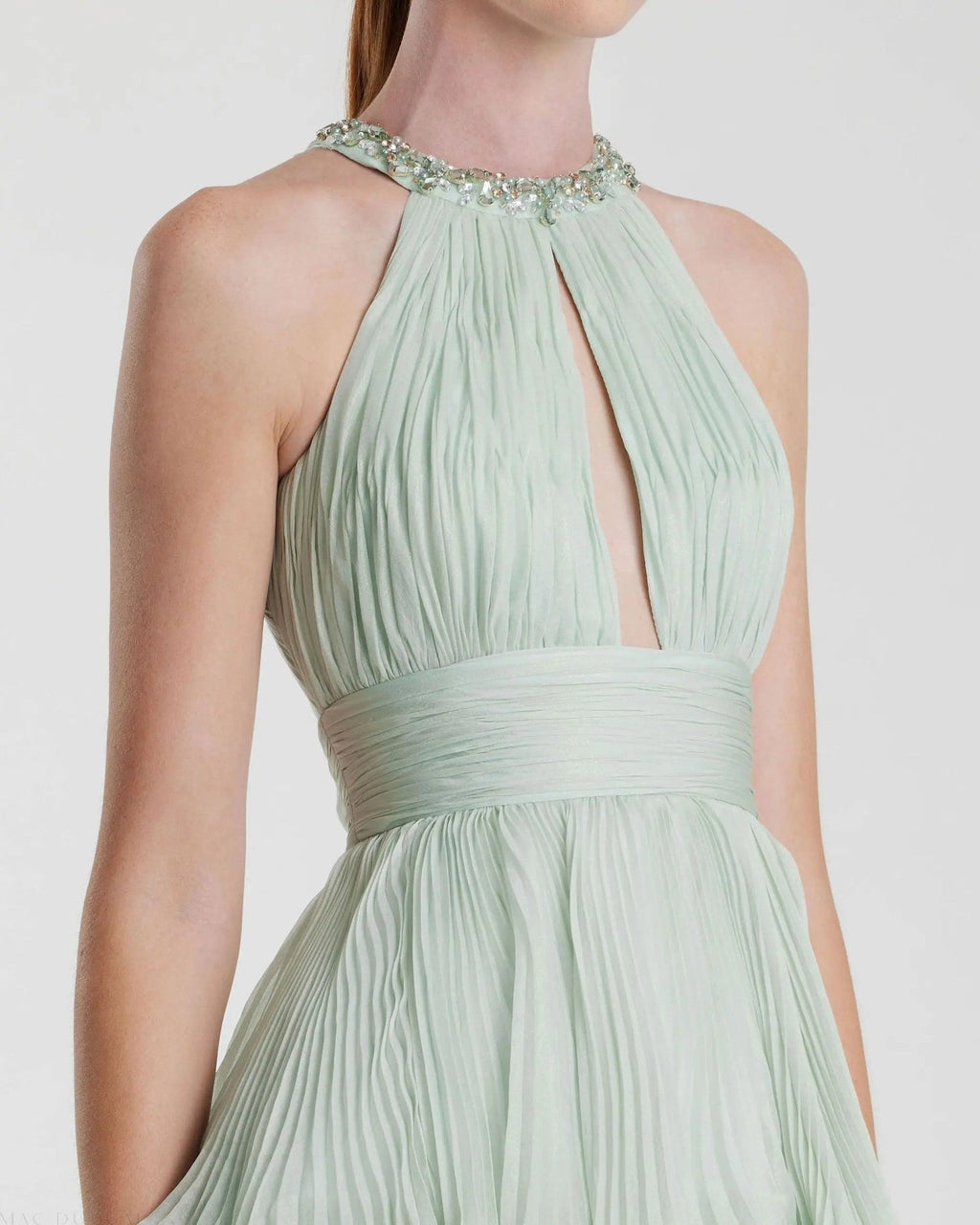 Mint Embellished Halter Neck Ruffle Chiffon Gown