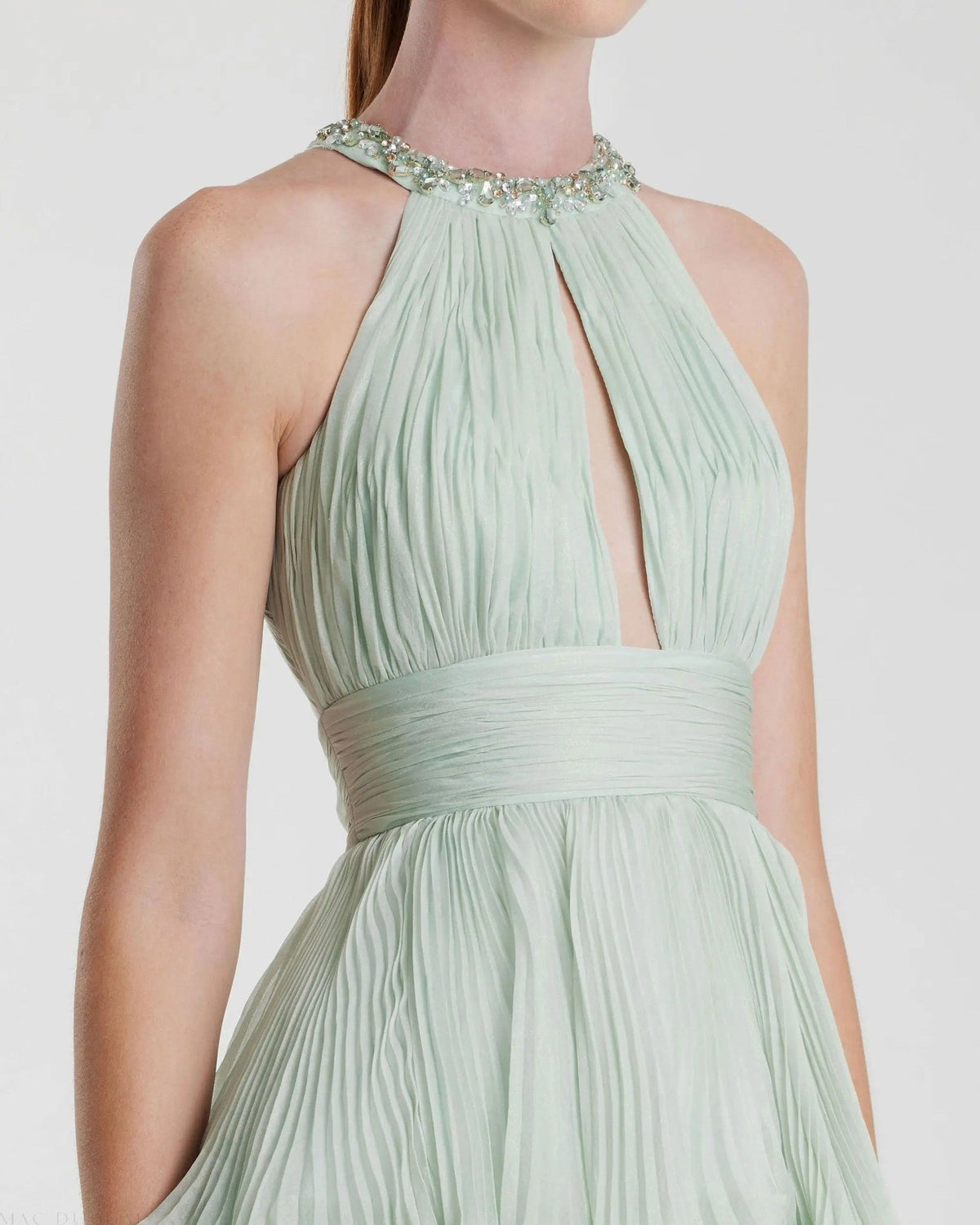 Mint Embellished Halter Neck Ruffle Chiffon Gown