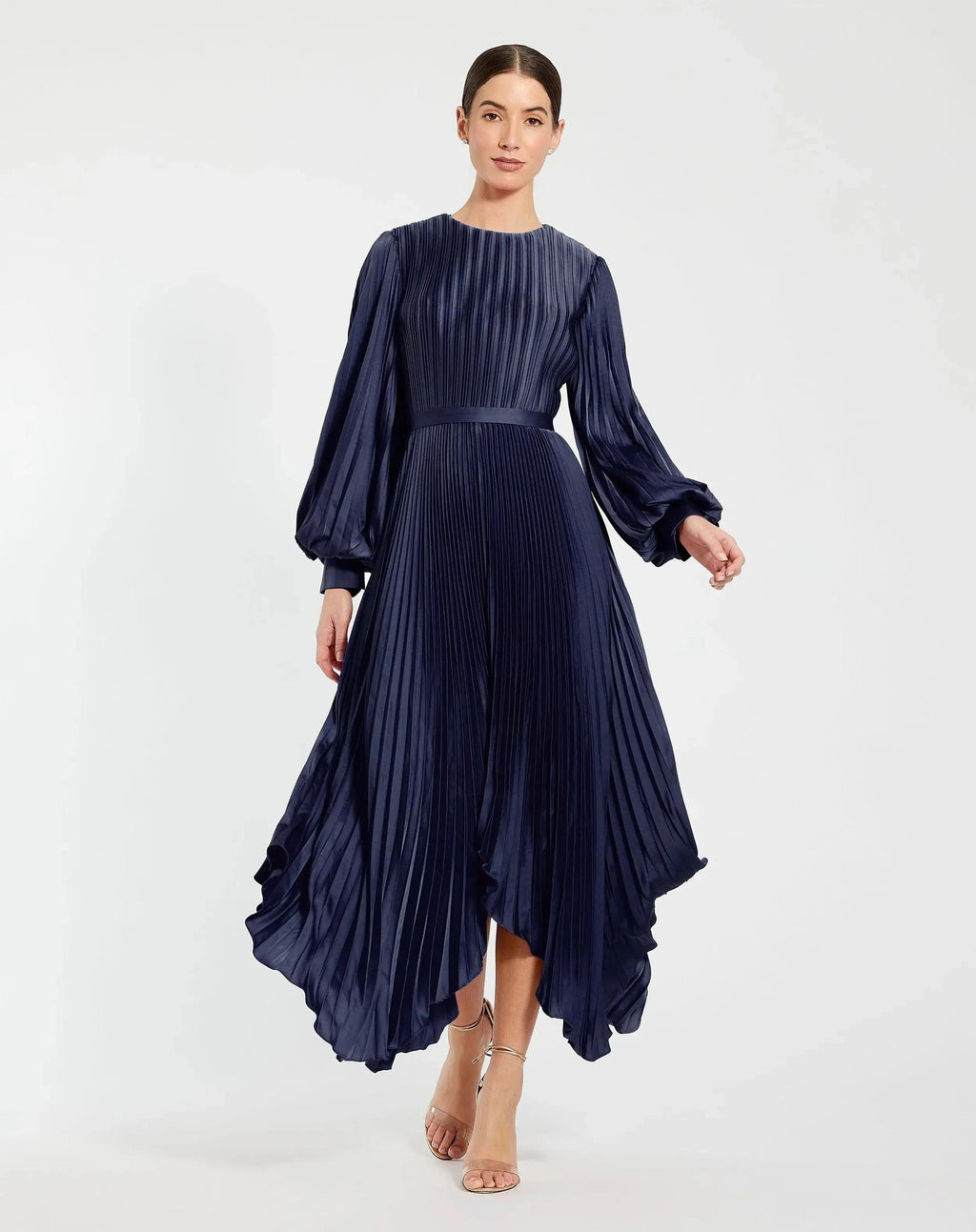 Midnight Long Sleeve Pleated Charmeuse Handkerchief Dress