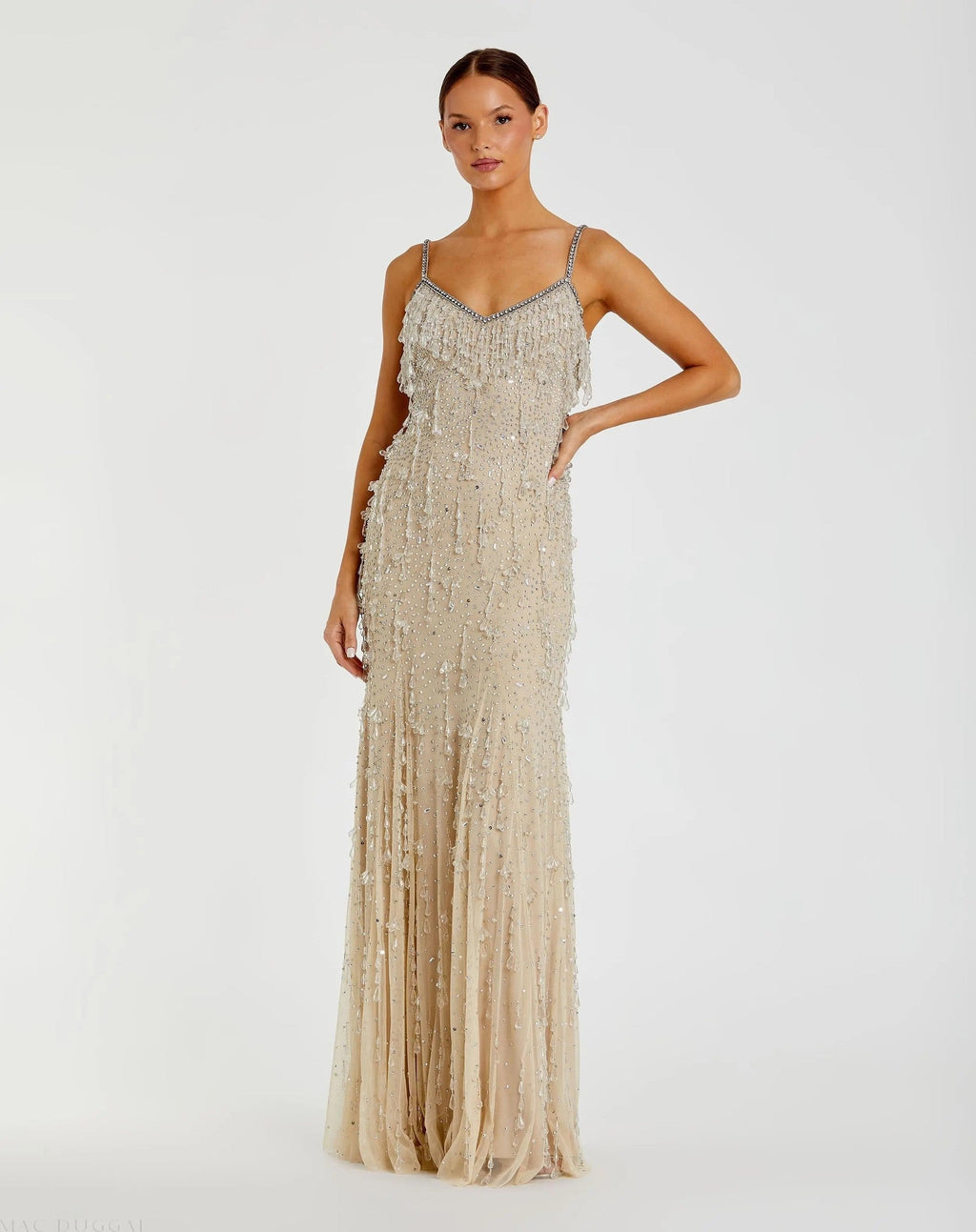 Beige V-Neck Column Gown with Fringe Embellishments