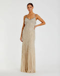 Beige V-Neck Column Gown with Fringe Embellishments