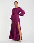 Berry Pleated High Neck Long Sleeve Gown with Slit