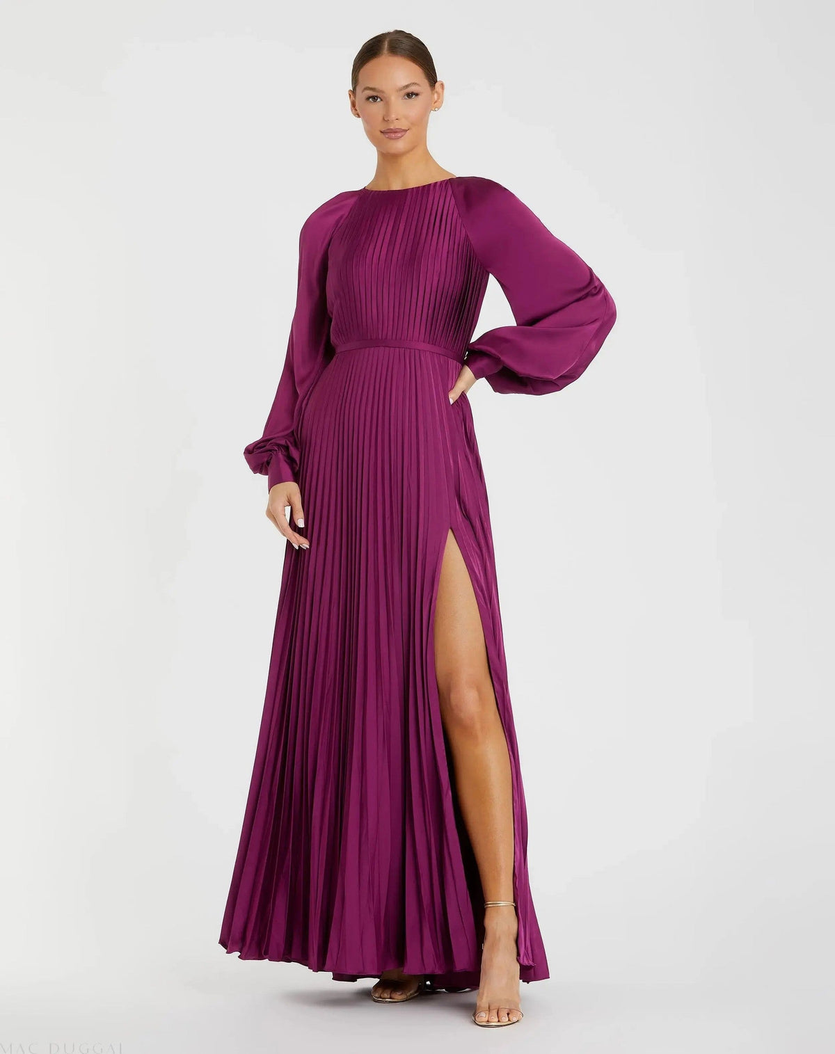 Berry Pleated High Neck Long Sleeve Gown with Slit