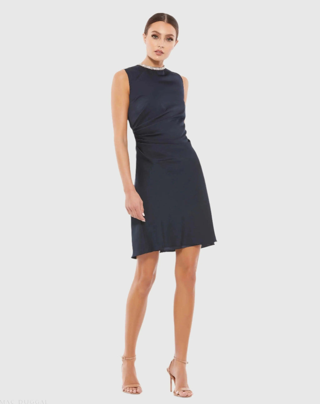 Rhinestone Neckline Draped Mini Dress