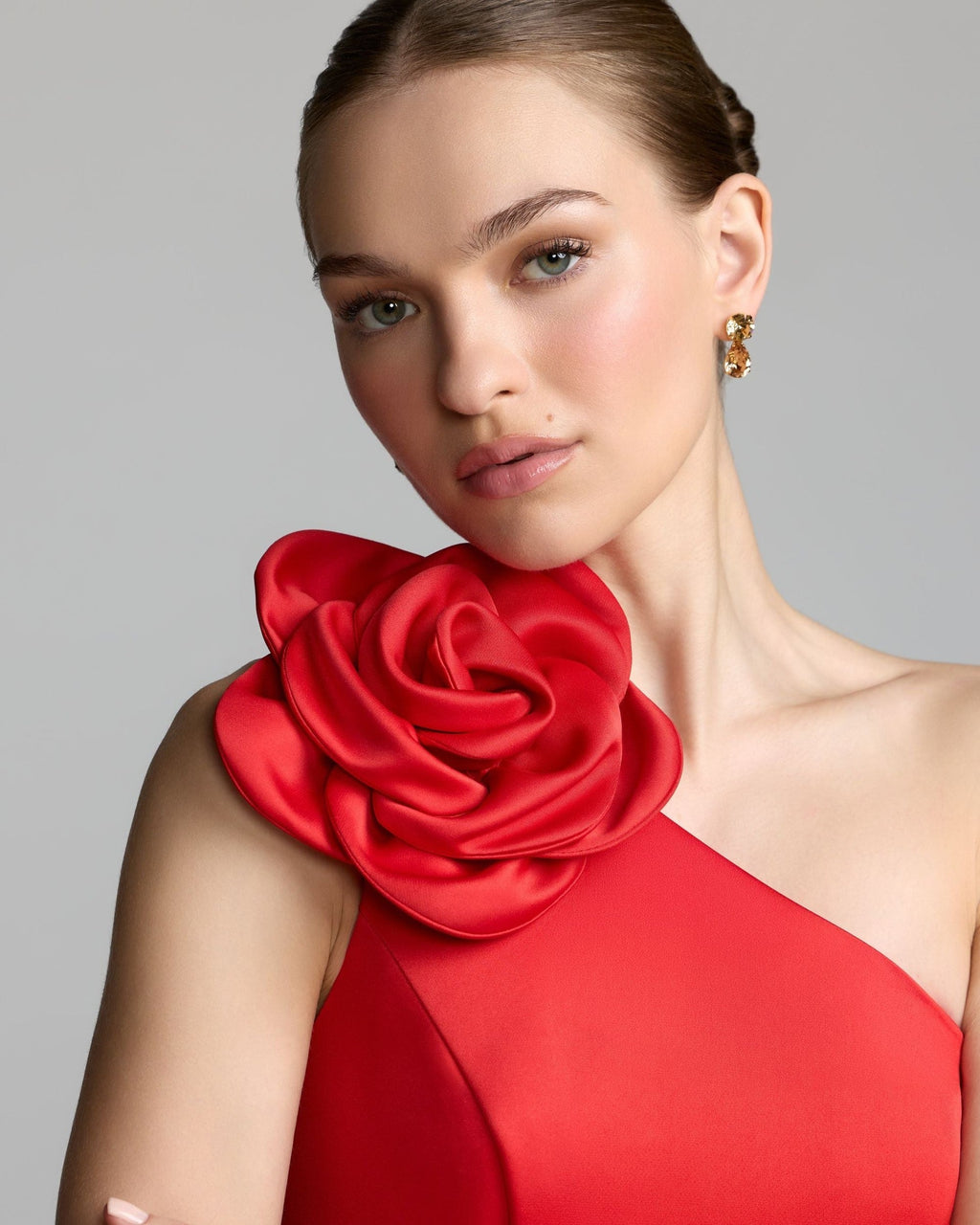 Red One Shoulder Satin Midi Dress With 3D Flower