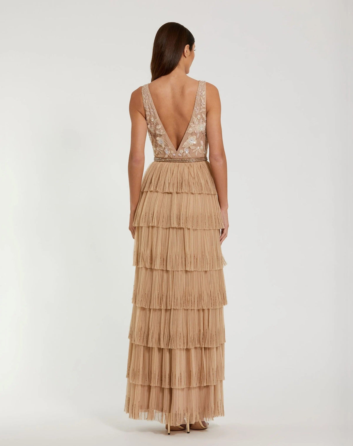 Beige Beaded V-Neck Gown With Tiered Ruffles