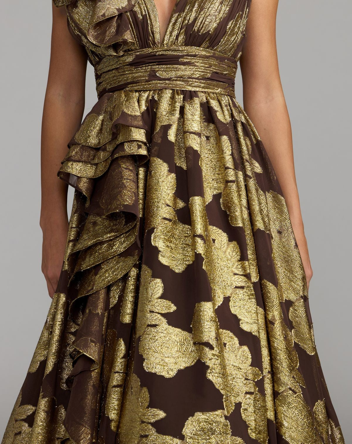 Chocolate Metallic V-Neck Ruffle Detail Ball Gown