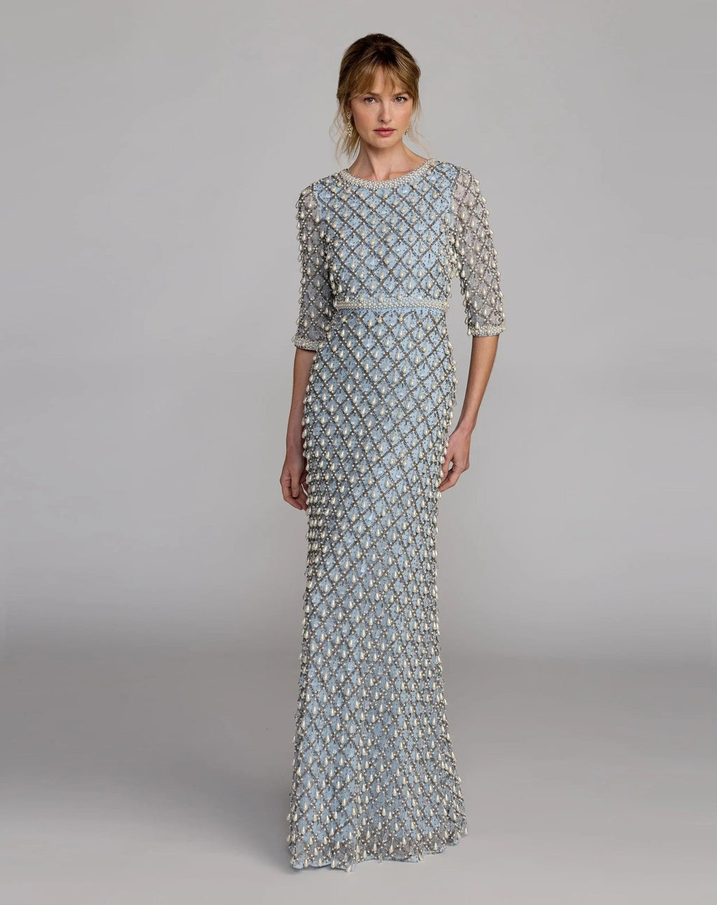 Vintage Blue Pearl Embellished 3/4 Sleeve Gown