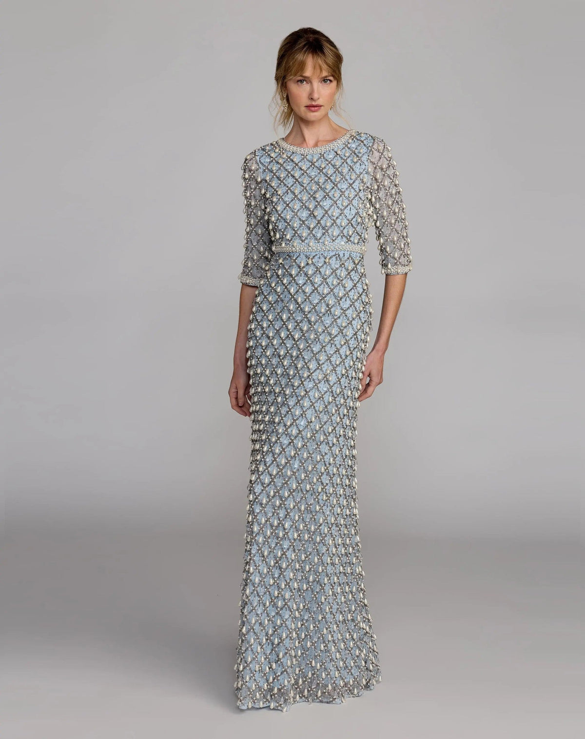 Vintage Blue Pearl Embellished 3/4 Sleeve Gown