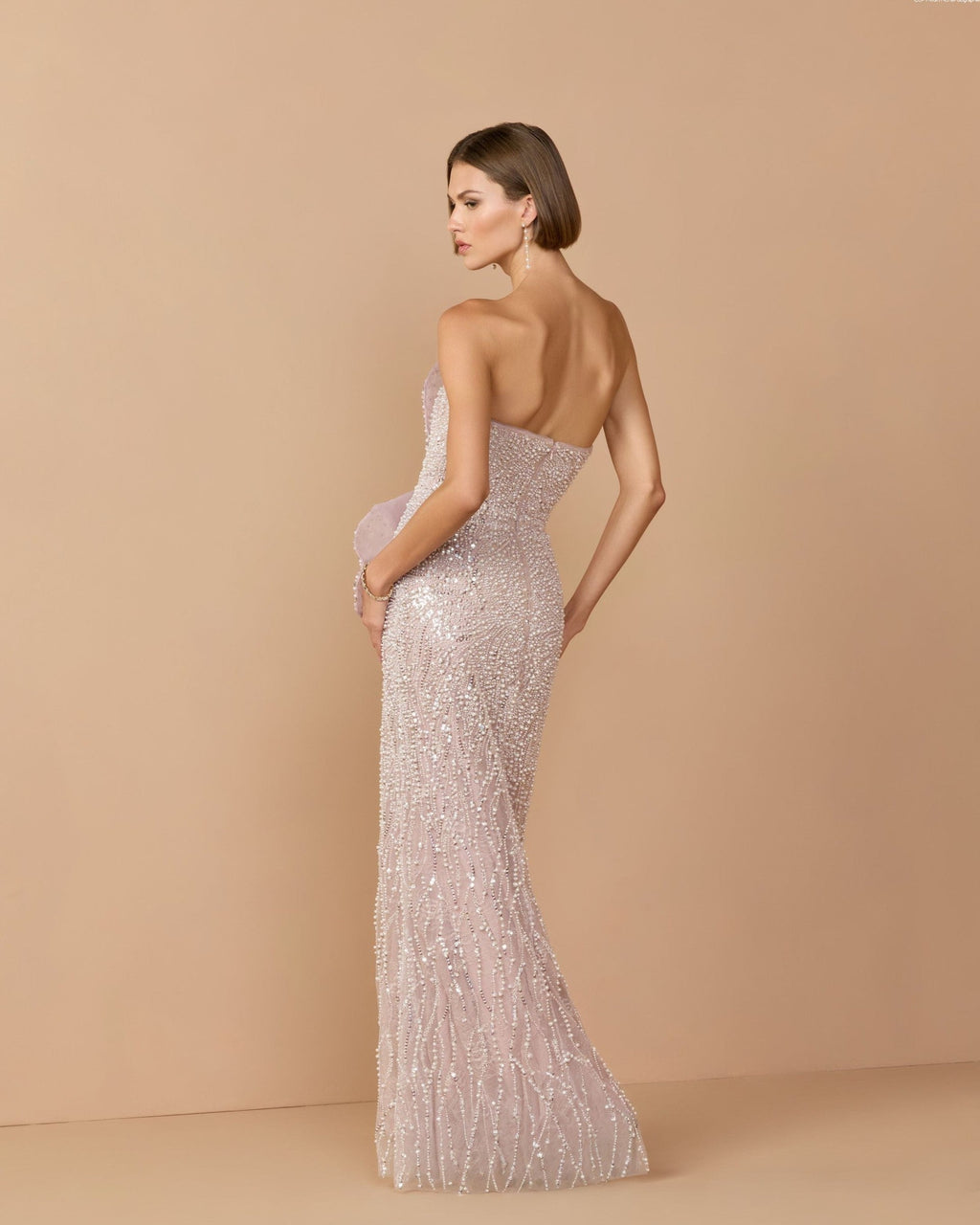 Mocha Strapless Embellished Column Gown With 3D Petals