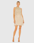 Beige High Neck Sleeveless Sequin Embellished Trapeze Dress