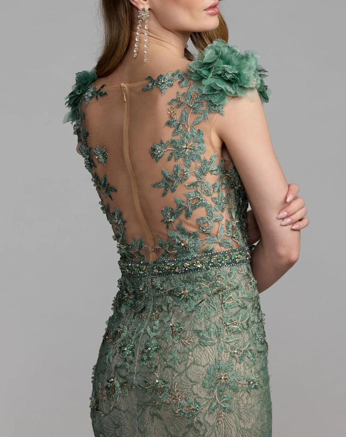 Sage Embellished Lace Illusion Neck Gown With 3D Flowers