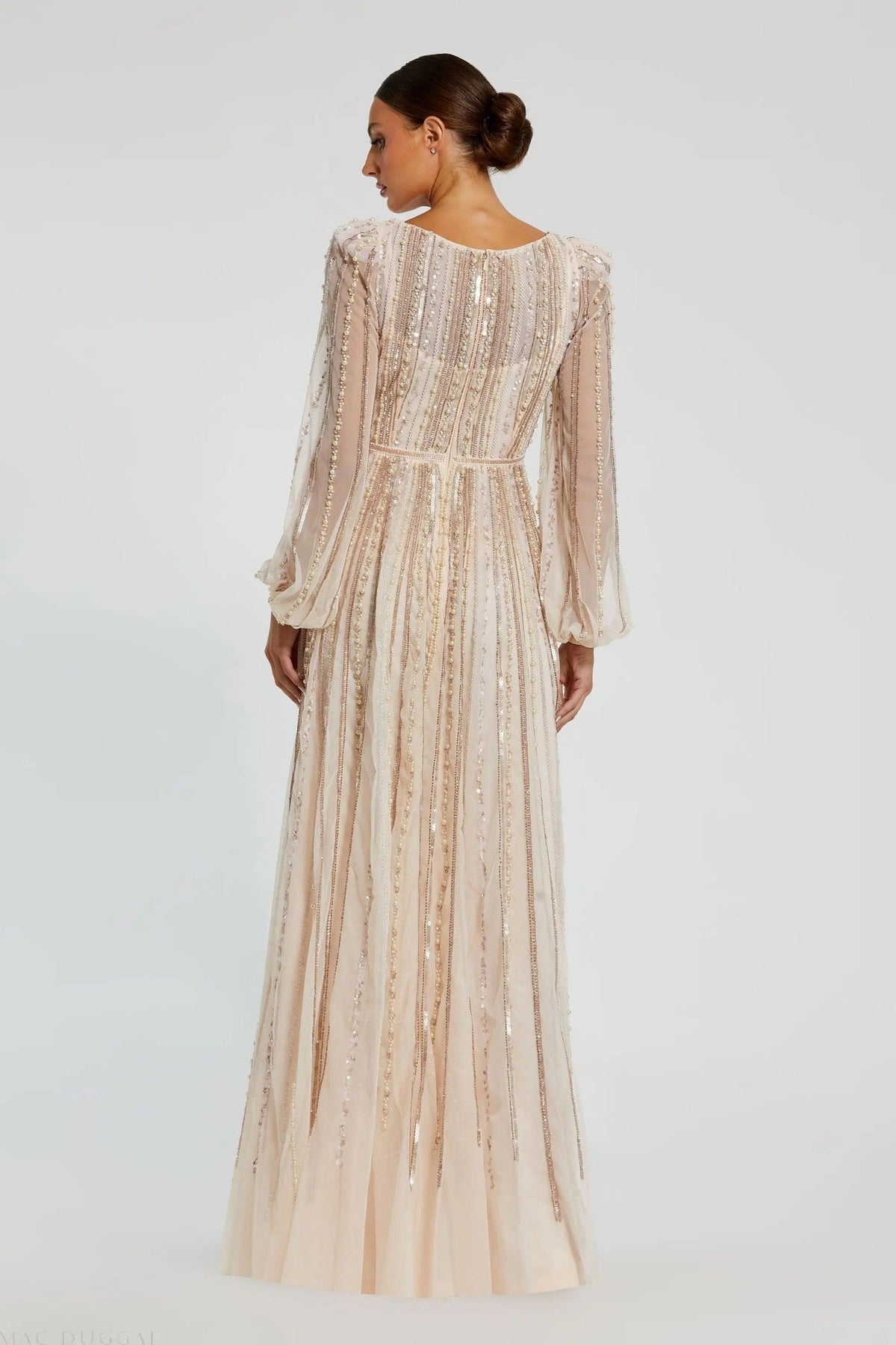Pink Boat Neck Long Sleeve Gown With Striped Beading