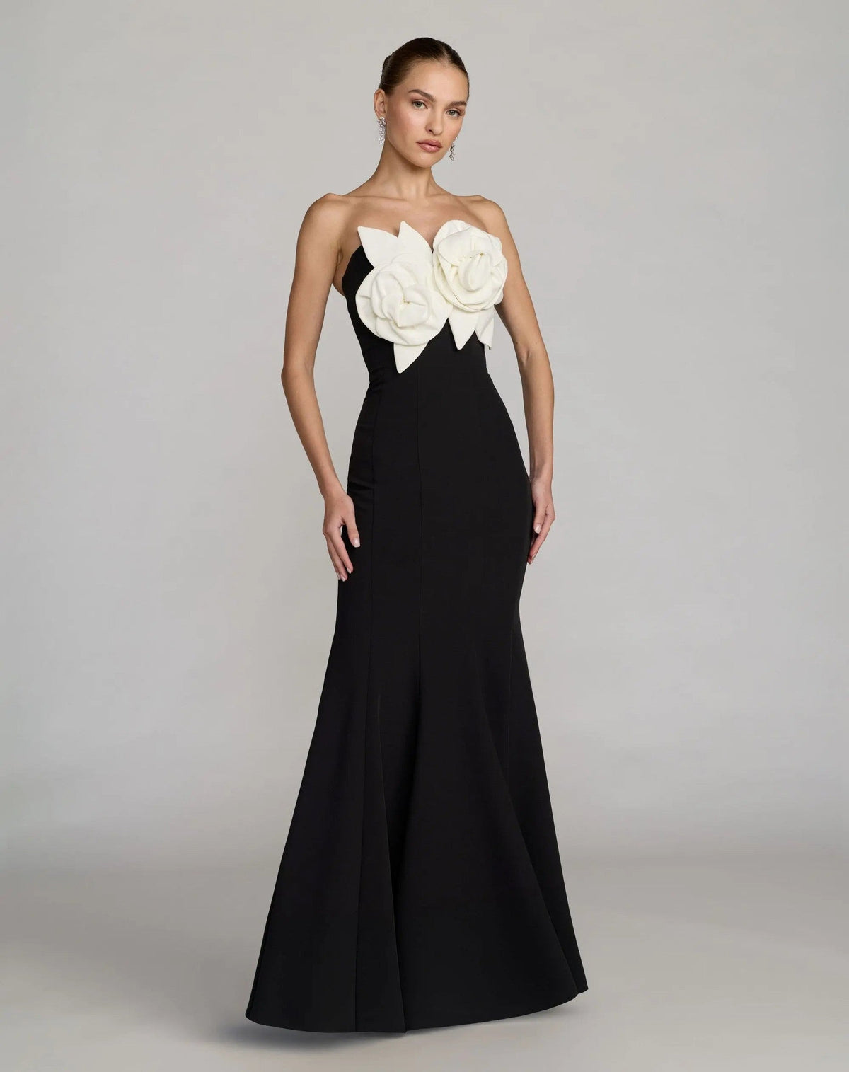 Black Strapless Crepe Mermaid Gown With 3D Flowers