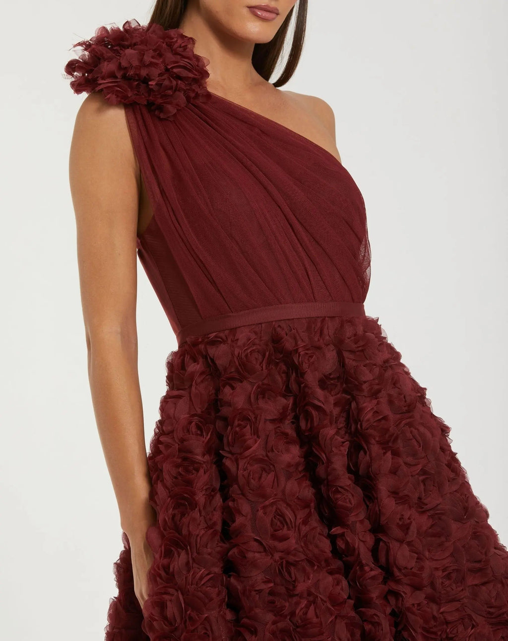 Wine One Shoulder 3D Floral Rosette Midi Dress