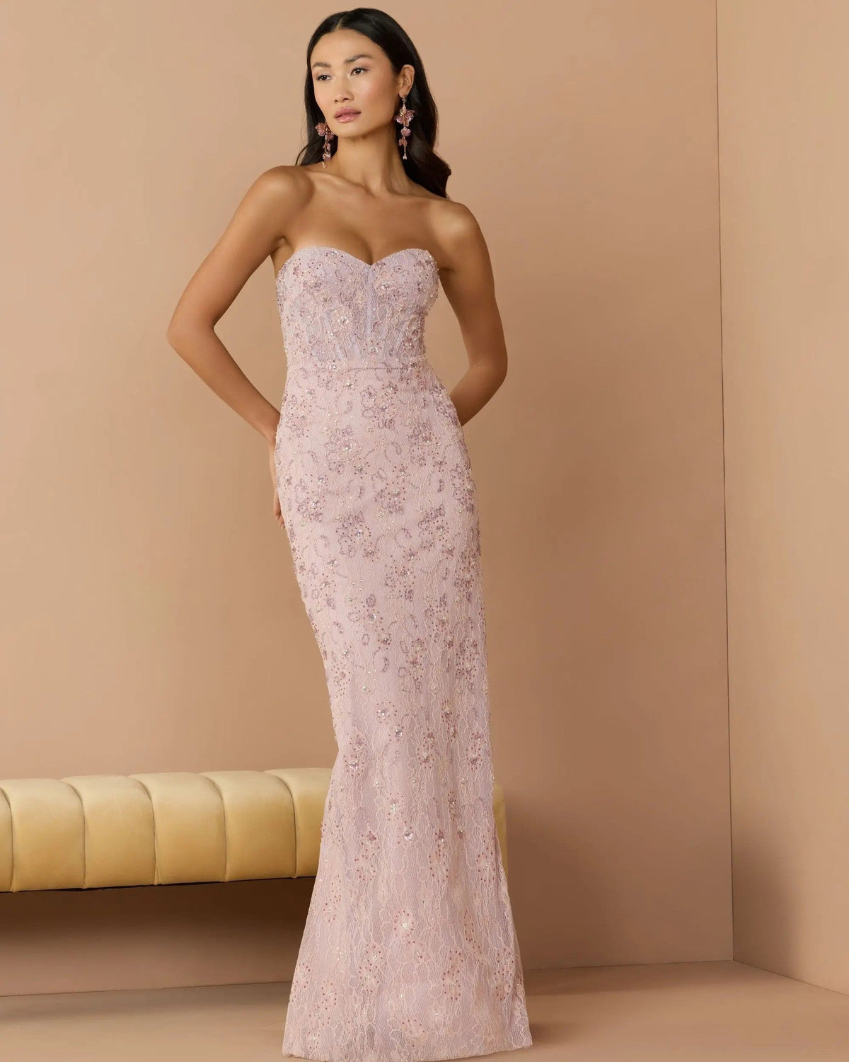 Rose Embellished Strapless Bustier Gown With Sweeping Train