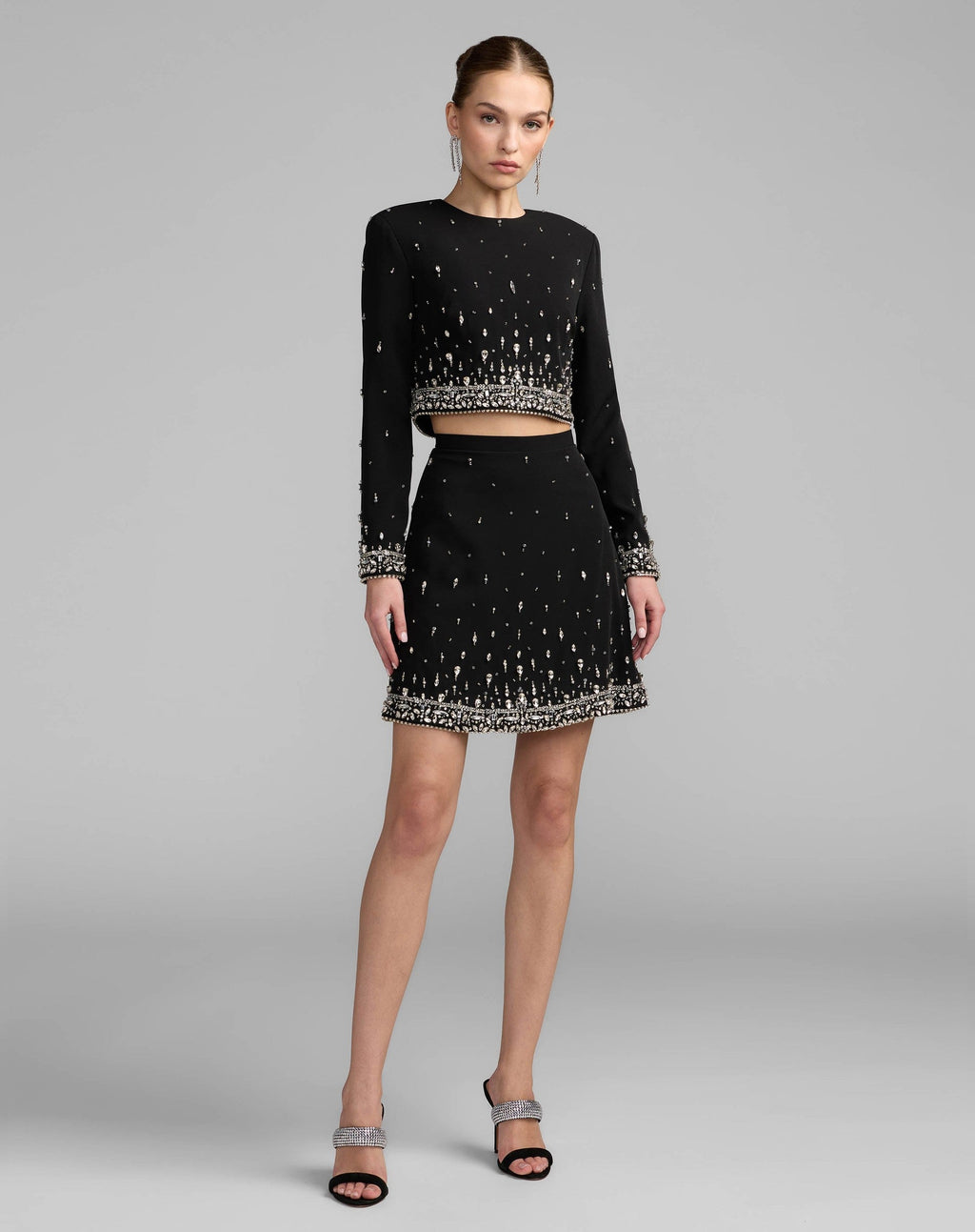 Black Embellished Top And Mini Skirt Set