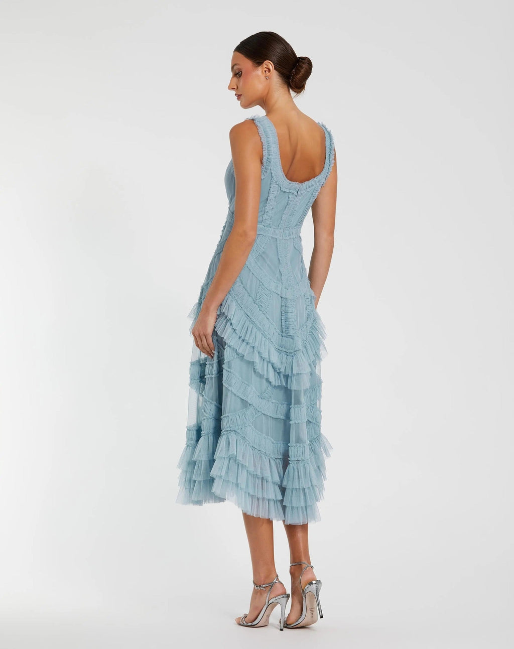 Blue Scoop Neck Sleeveless A-Line Ruffle Midi Dress