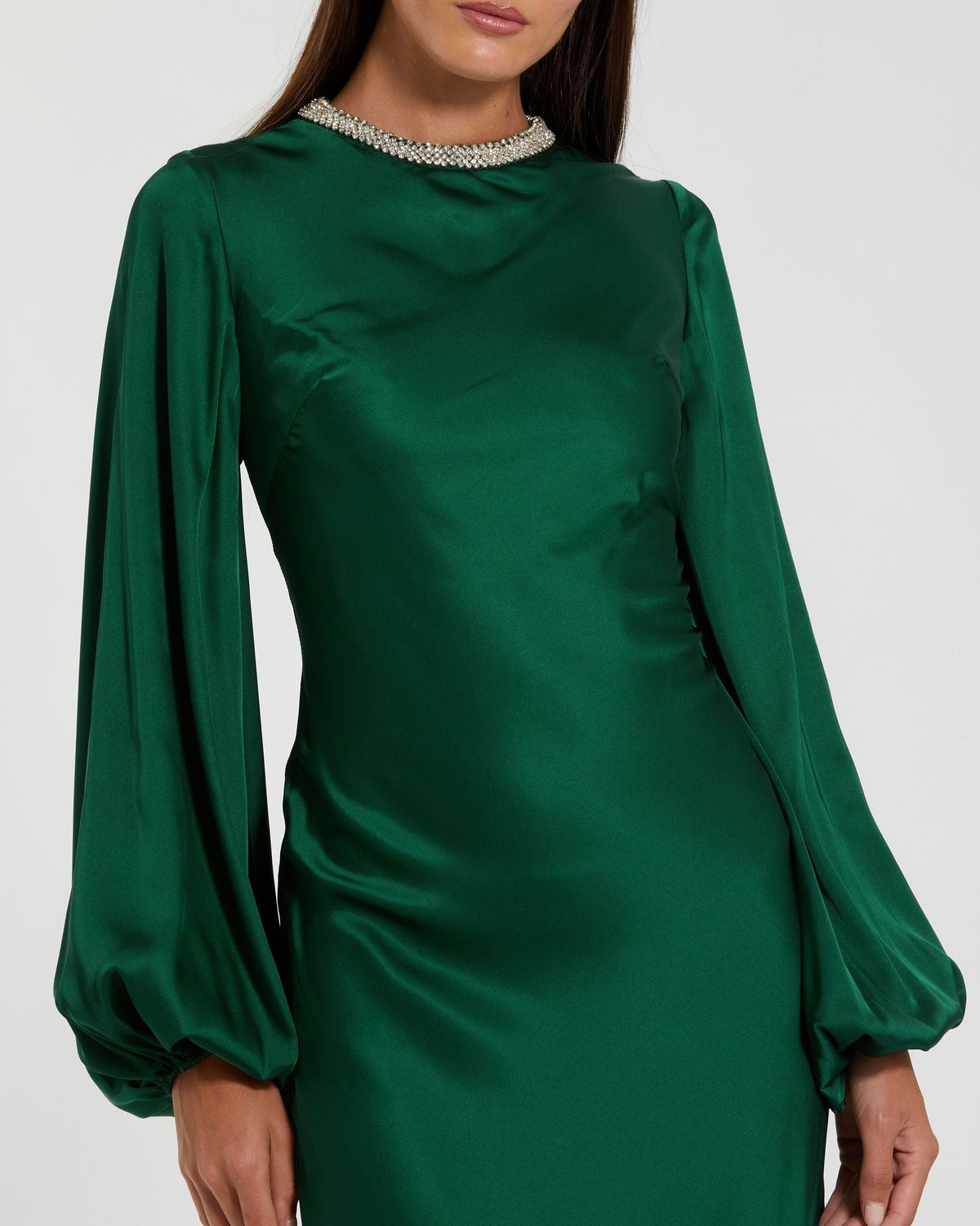 Emerald Beaded High Neck Bishop Sleeve Satin Gown
