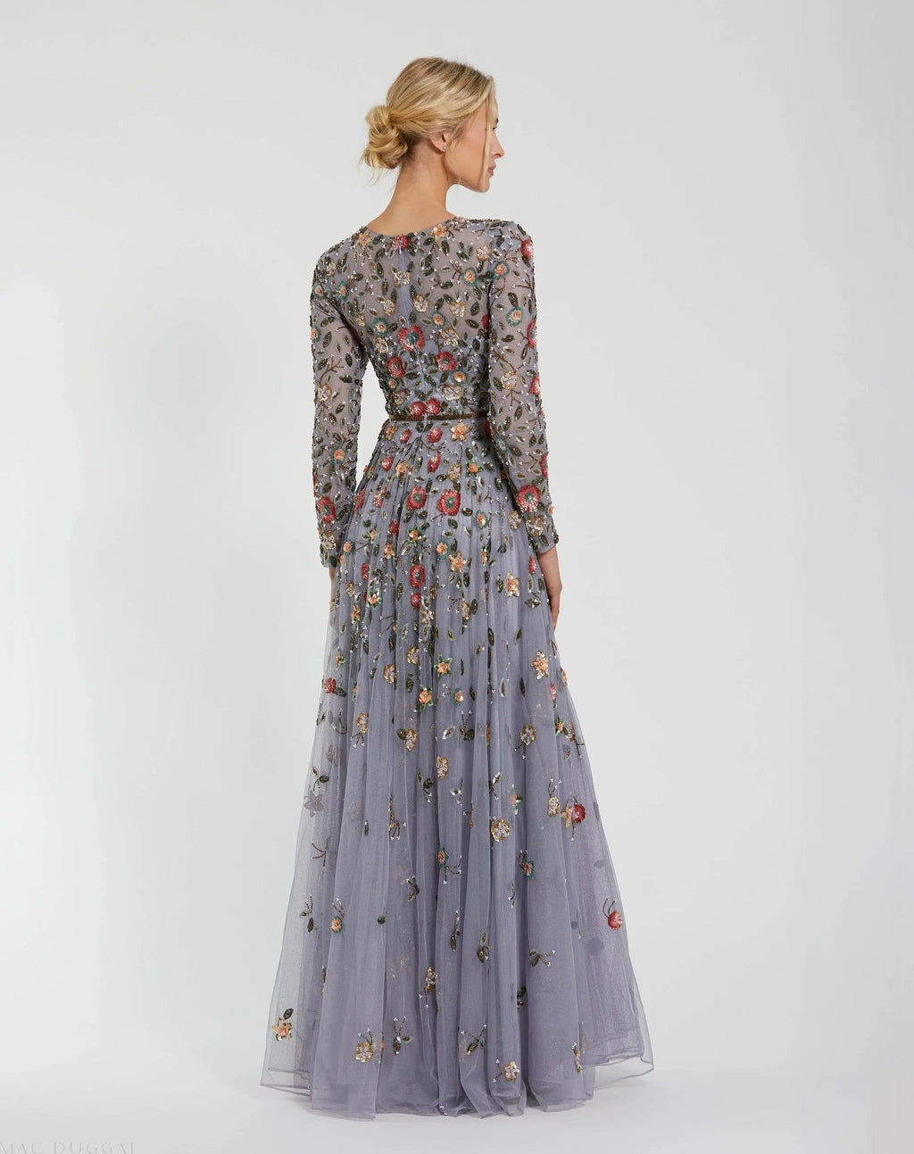 Grey Multi Embellished High Neck Long Sleeve A Line Gown