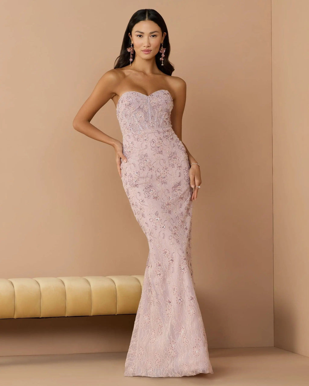 Rose Embellished Strapless Bustier Gown With Sweeping Train