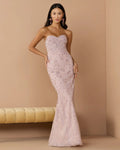 Rose Embellished Strapless Bustier Gown With Sweeping Train