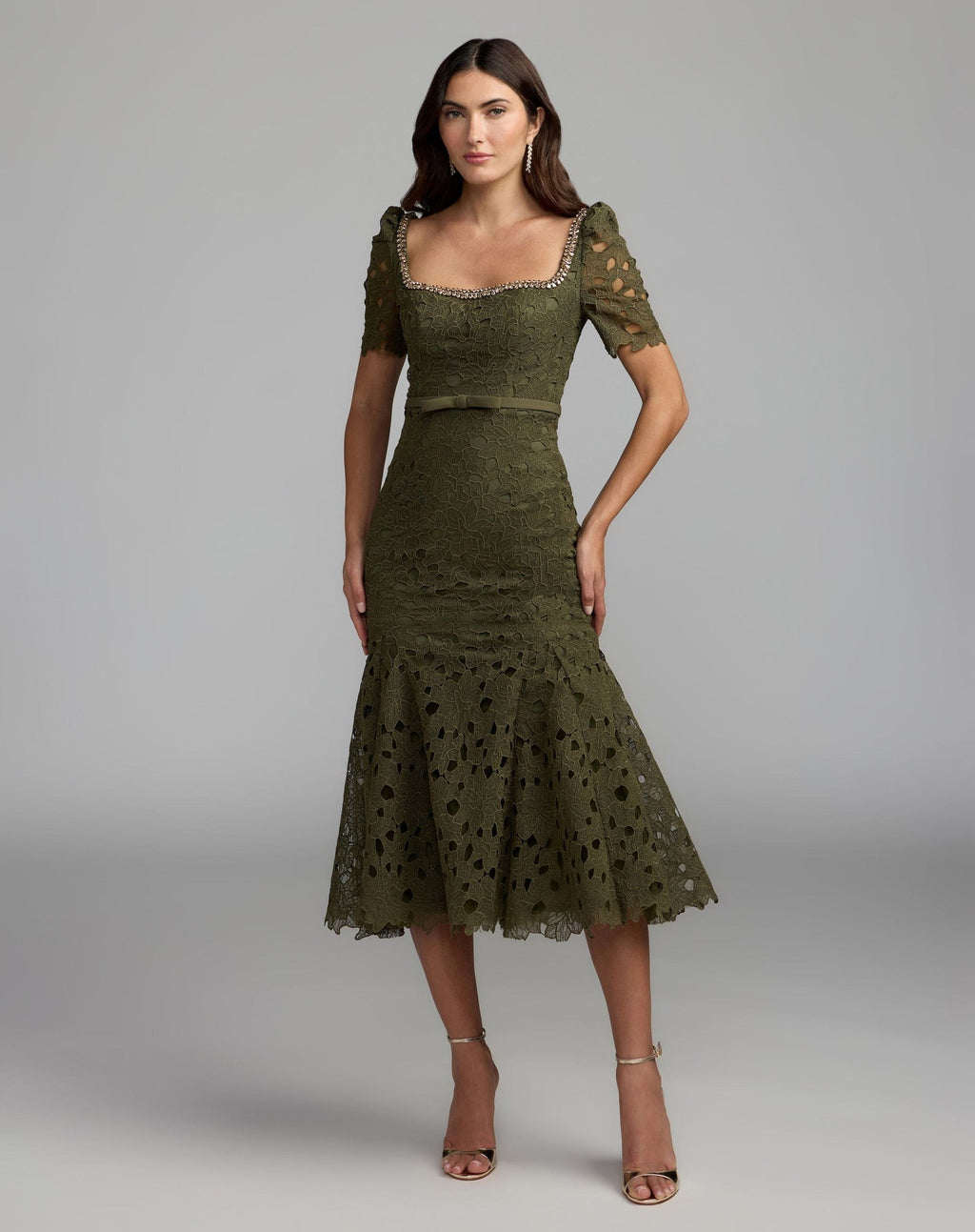 Olive Embellished Square Neck Lace Midi Dress