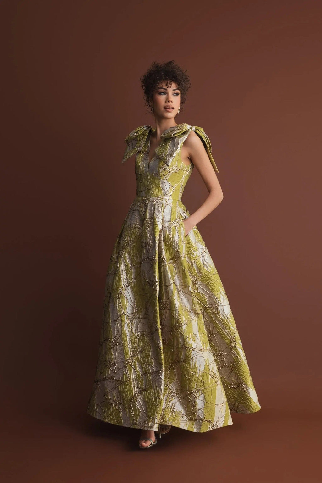 Green Layered Shoulder Bow Metallic A-Line Gown