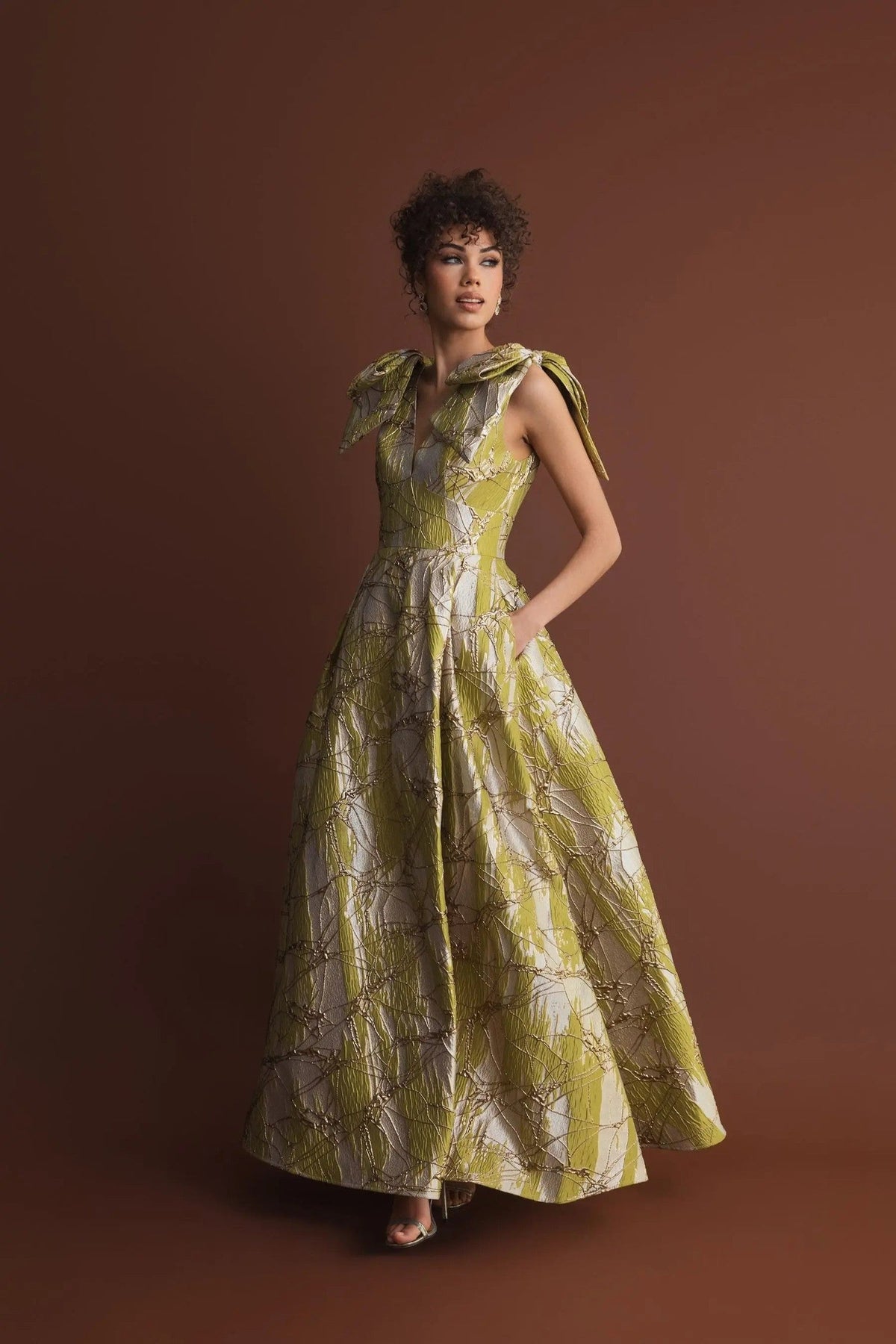 Green Layered Shoulder Bow Metallic A-Line Gown