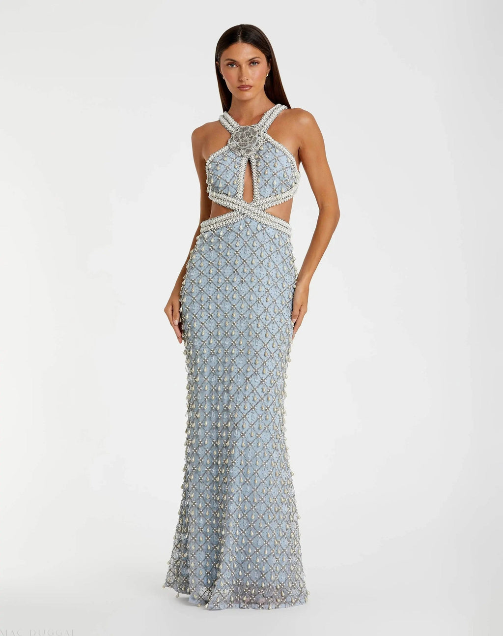 Vintage Blue Pearl Embellished Open Back Gown