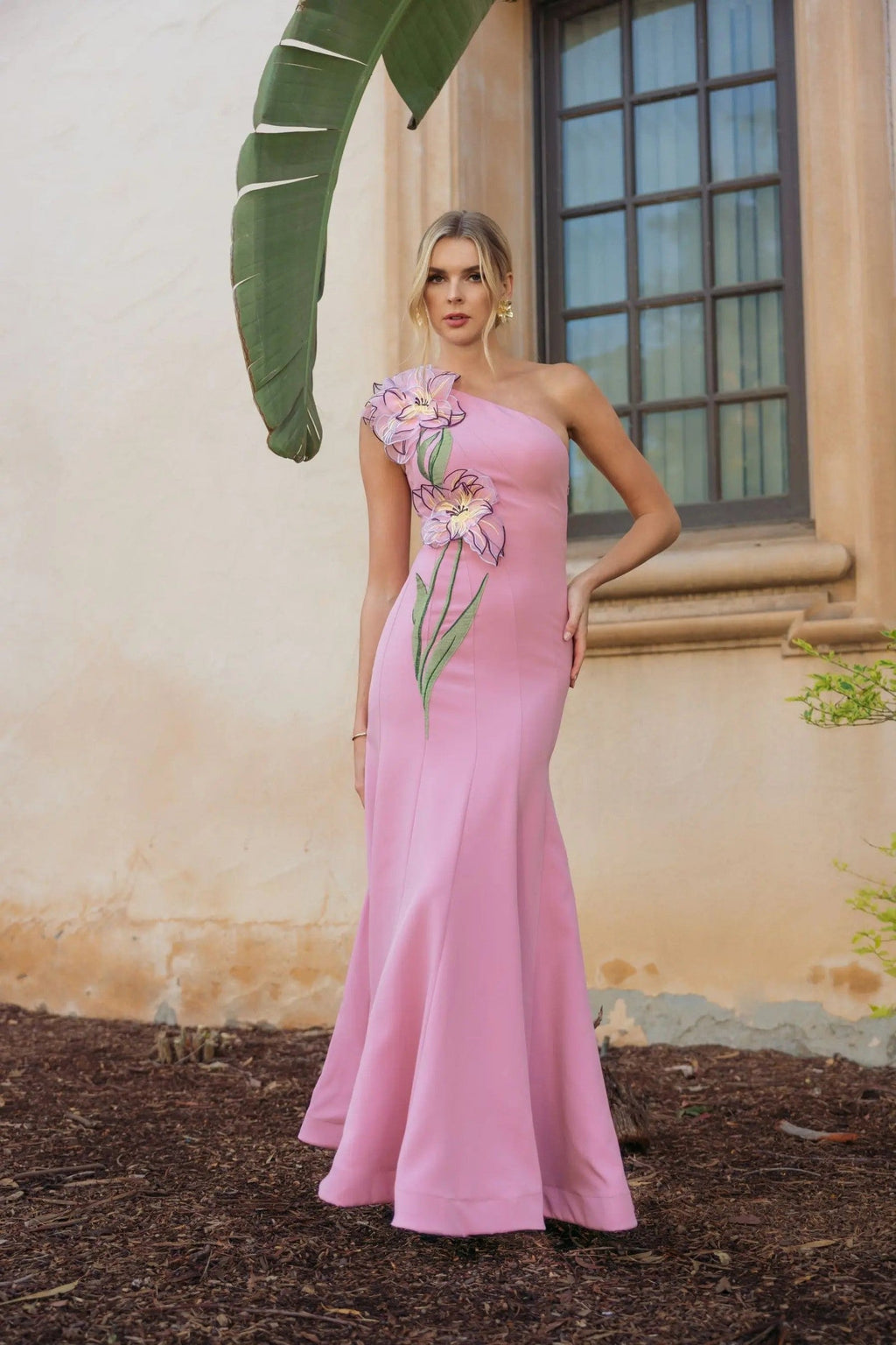 Orchid One Shoulder Floral Appliqué Gown