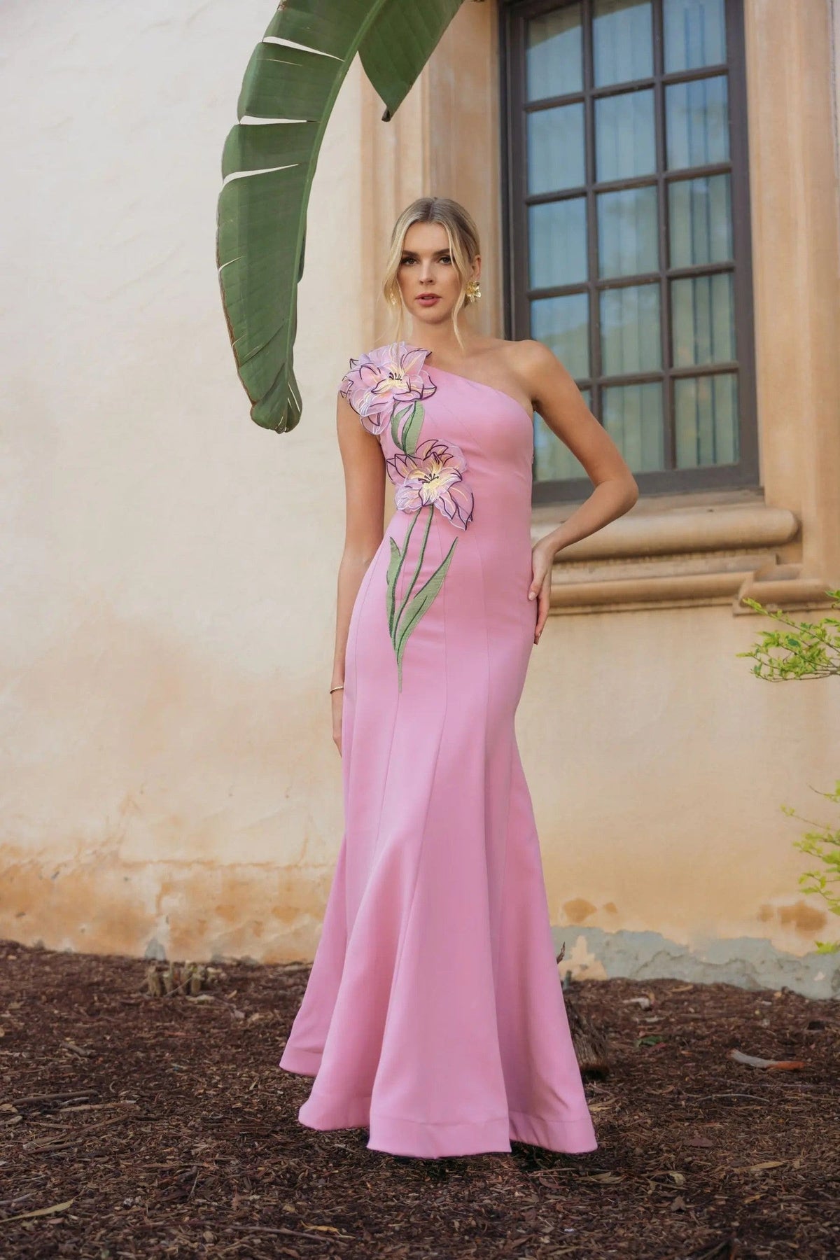 Orchid One Shoulder Floral Appliqué Gown