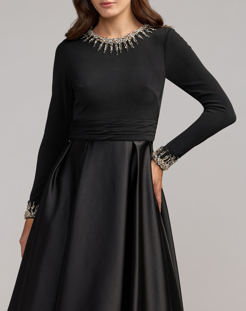 Petite Black Jersey and Satin Long Sleeve A-Line Gown