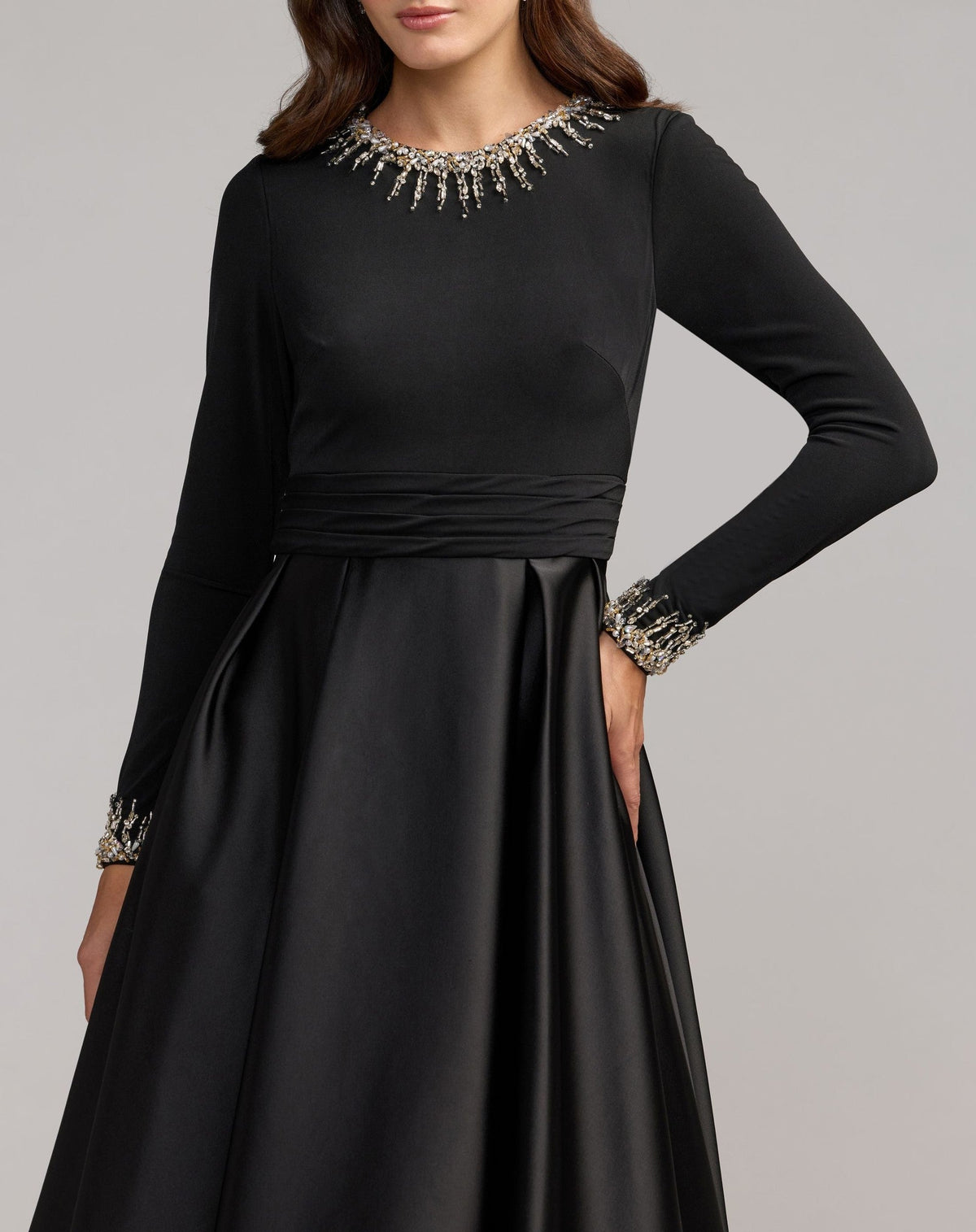 Petite Black Jersey and Satin Long Sleeve A-Line Gown
