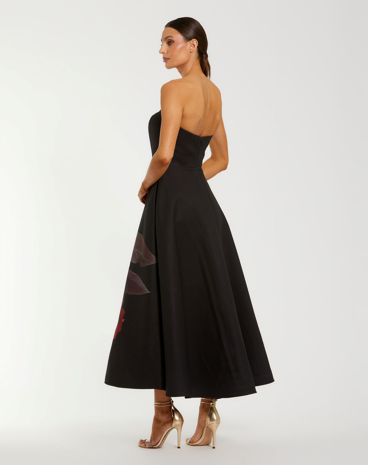 Black Printed Satin Strapless Midi Dress With Pockets