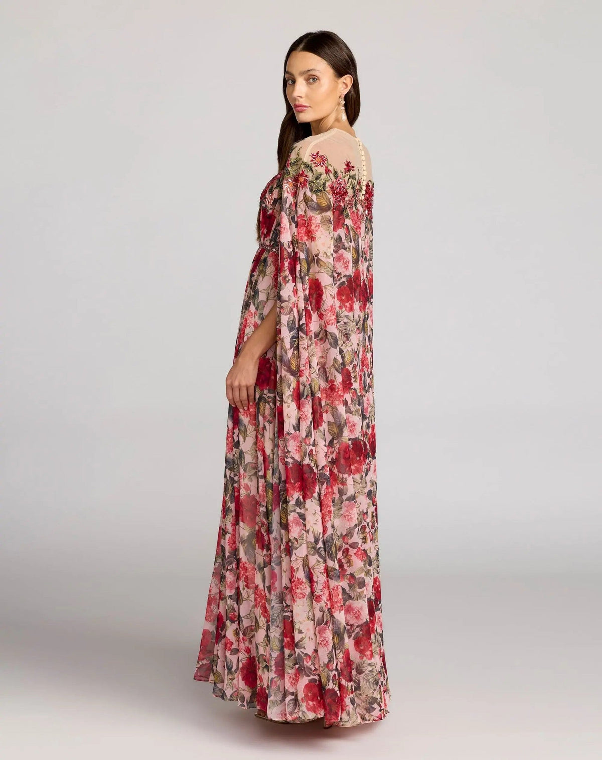 Multicolor Floral Printed Chiffon High Neck Cape Gown