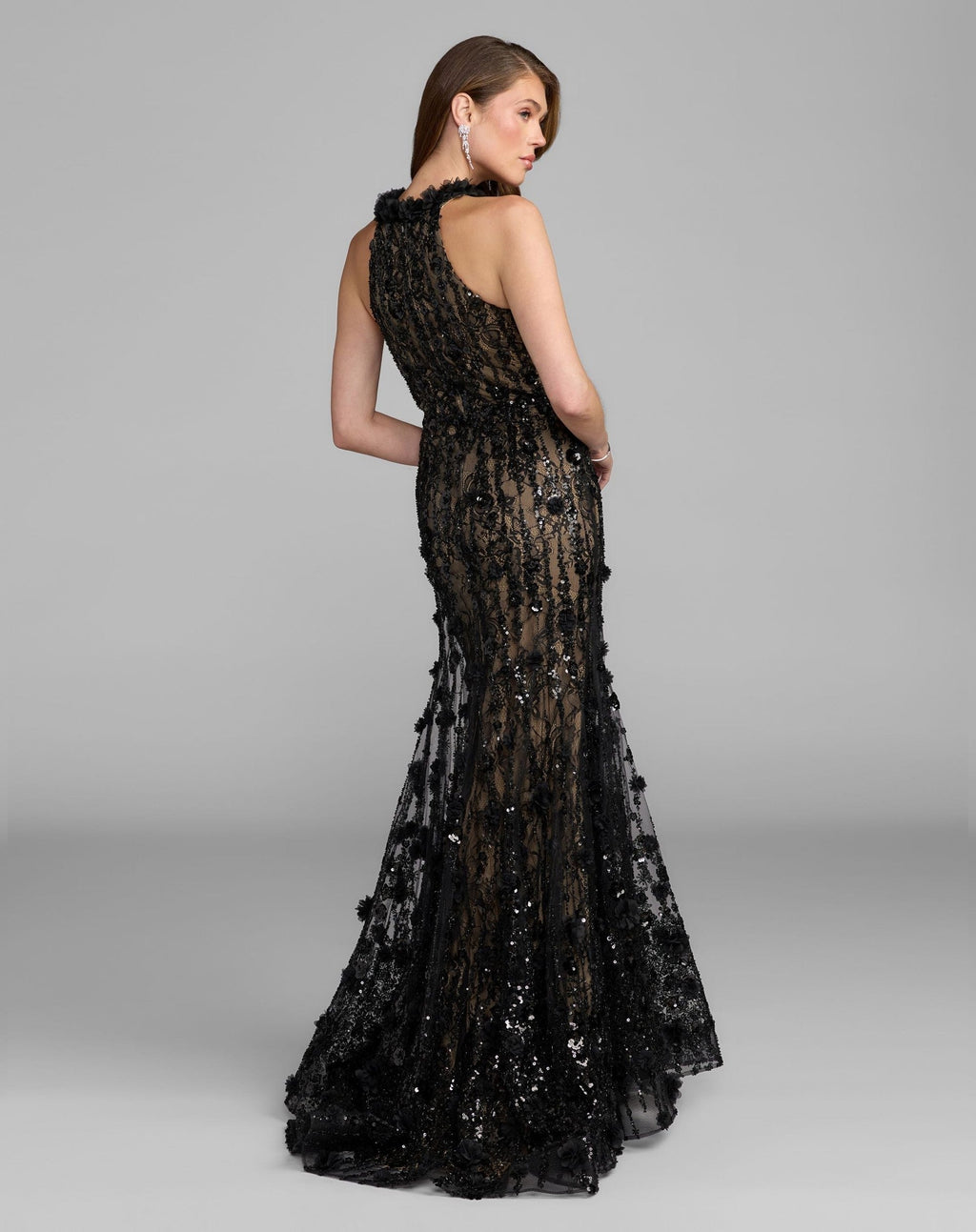Petite Black Nude Embellished Lace Sleeveless Halter Neck Gown