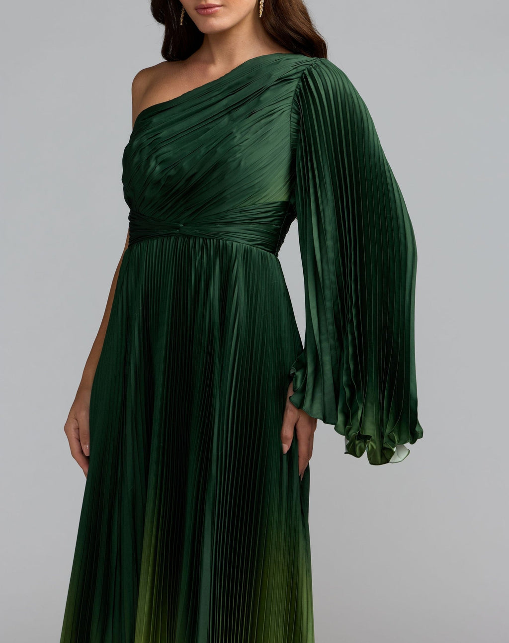 Petite Green Pleated Charmeuse One Shoulder Ombre Gown