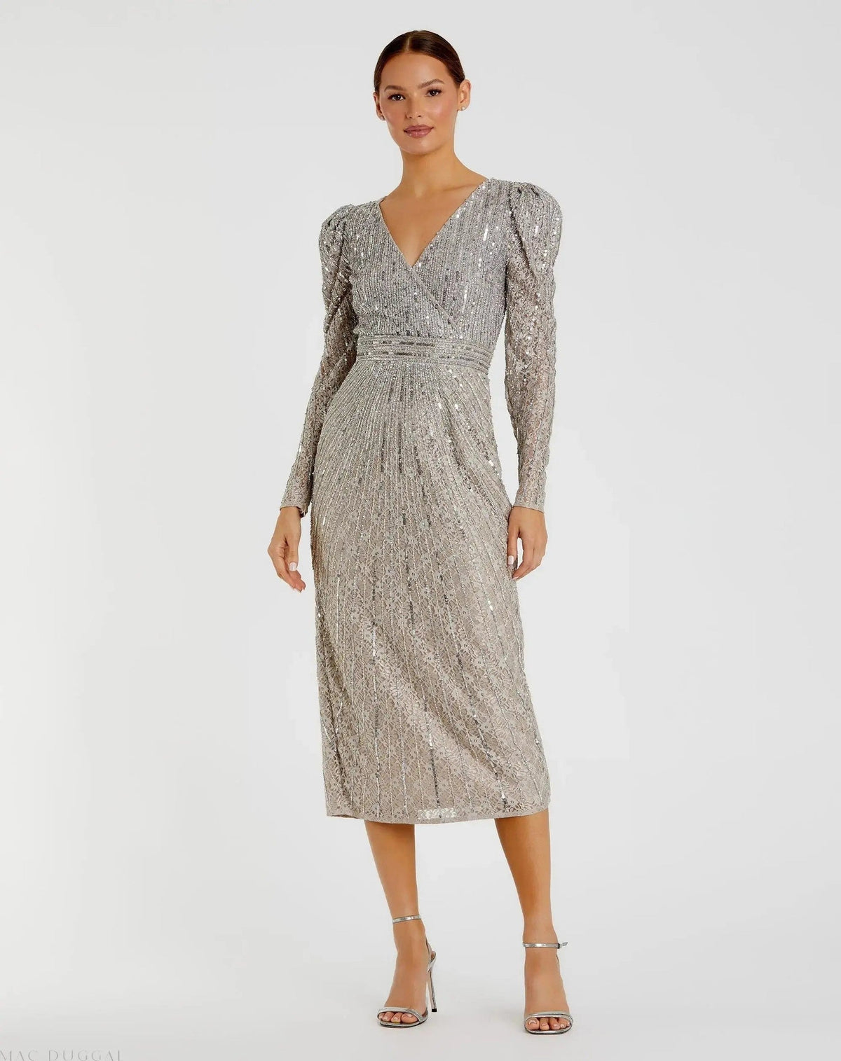 Beaded Lace Long Sleeve Midi Dress