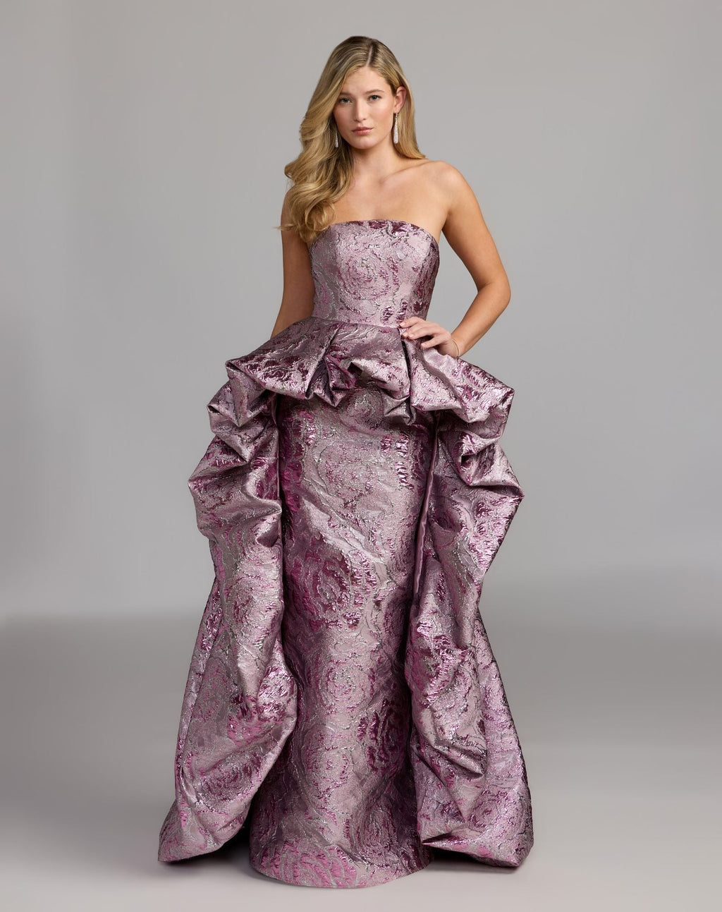 Pink Metallic Strapless Gown With Bubble Overskirt
