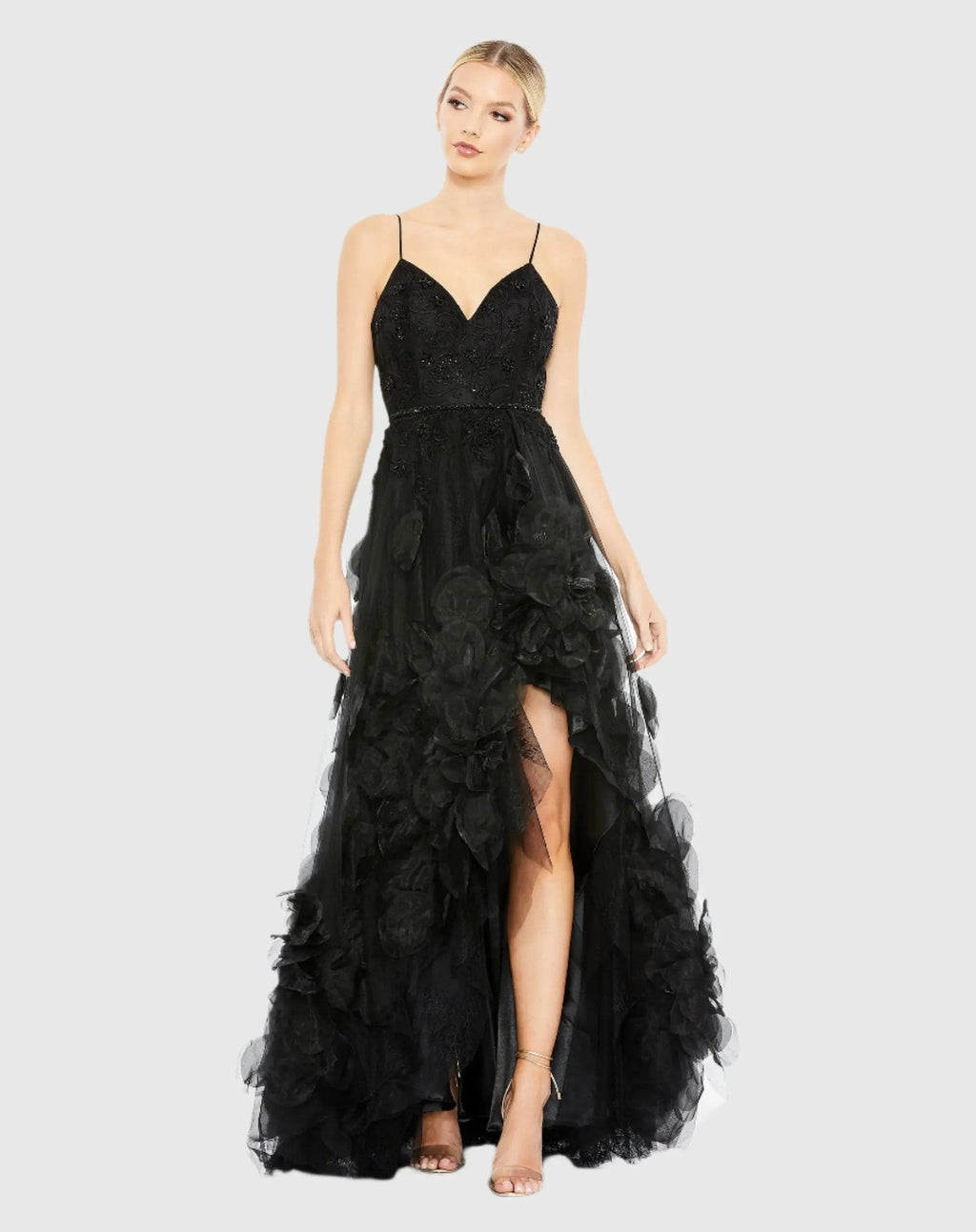 Black Embellished Floral High Low Sleeveless Gown