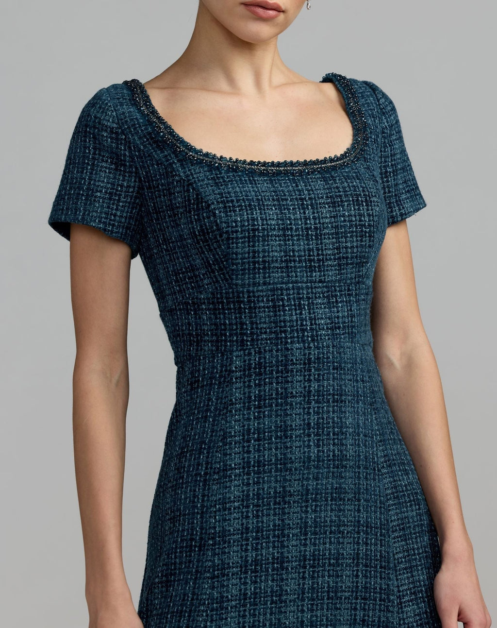 Petite Teal Short Sleeve Embellished Boucle Midi Dress