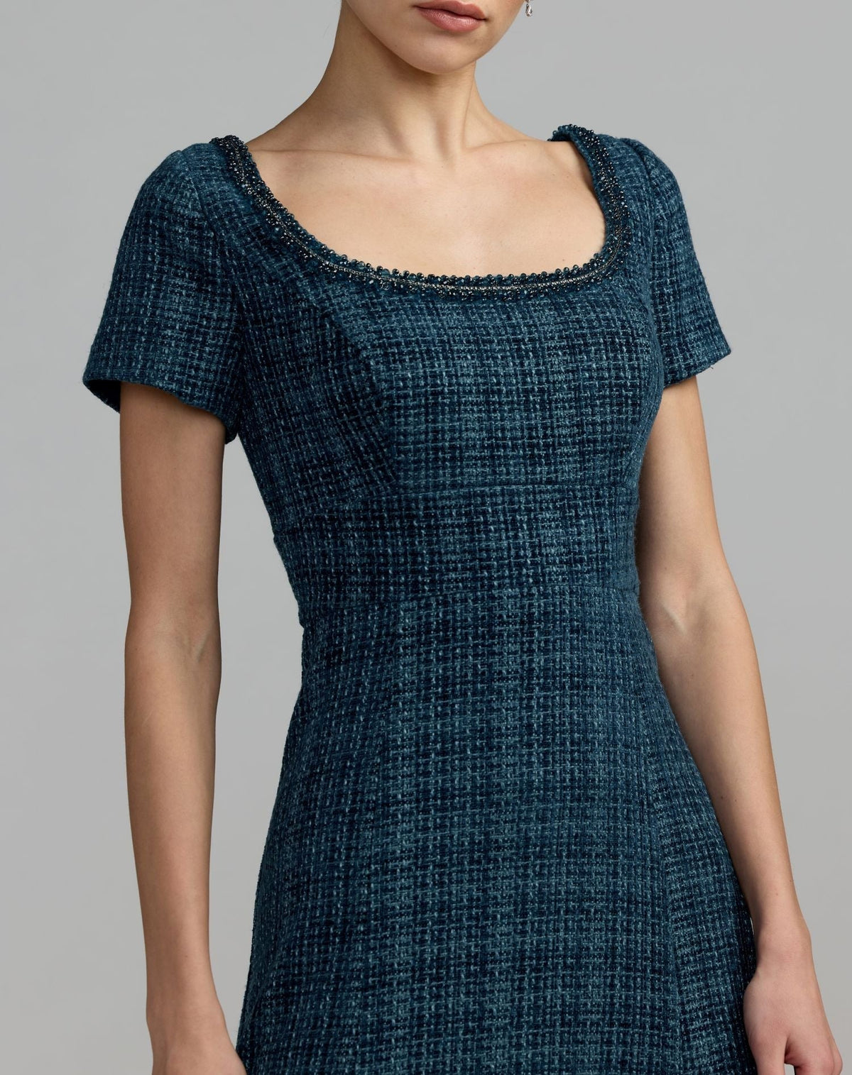 Petite Teal Short Sleeve Embellished Boucle Midi Dress